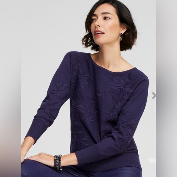 Chico’s Purple Textured Floral Pullover Sweater - Picture 1 of 11